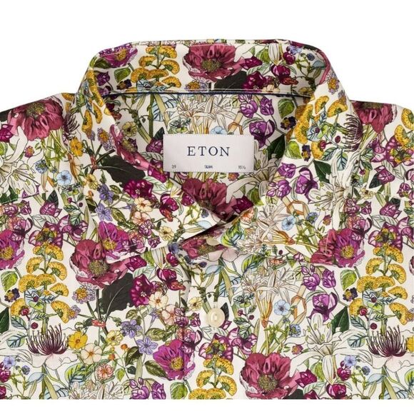 Eton Purple Floral Print Signature Twill Button Shirt‎ Size 16 Slim Fit - Picture 3 of 12